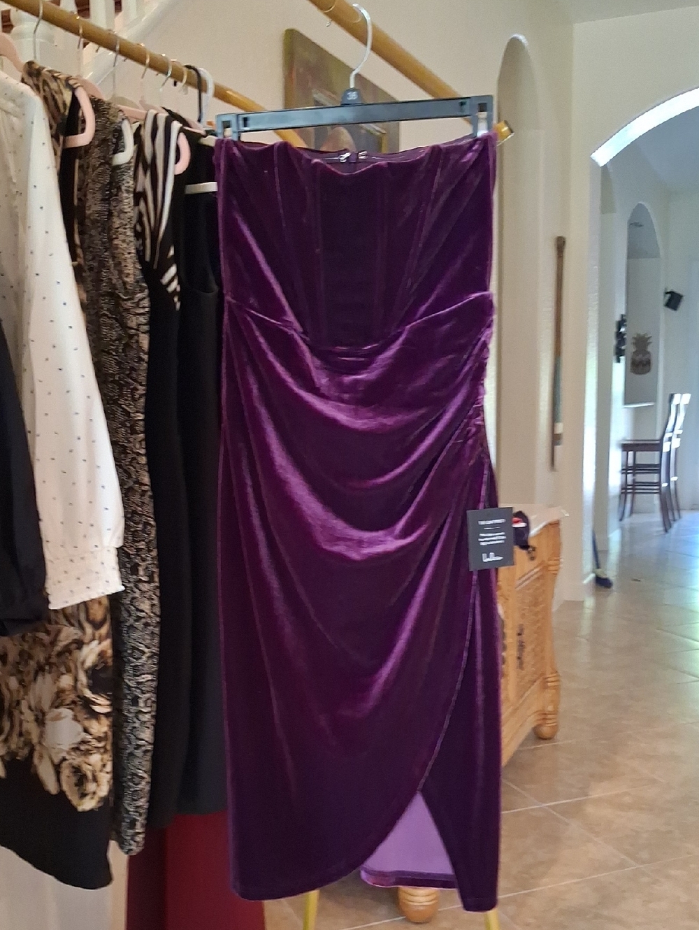 Lulu's Velvet Strapless Midi Dress in Deep Purple